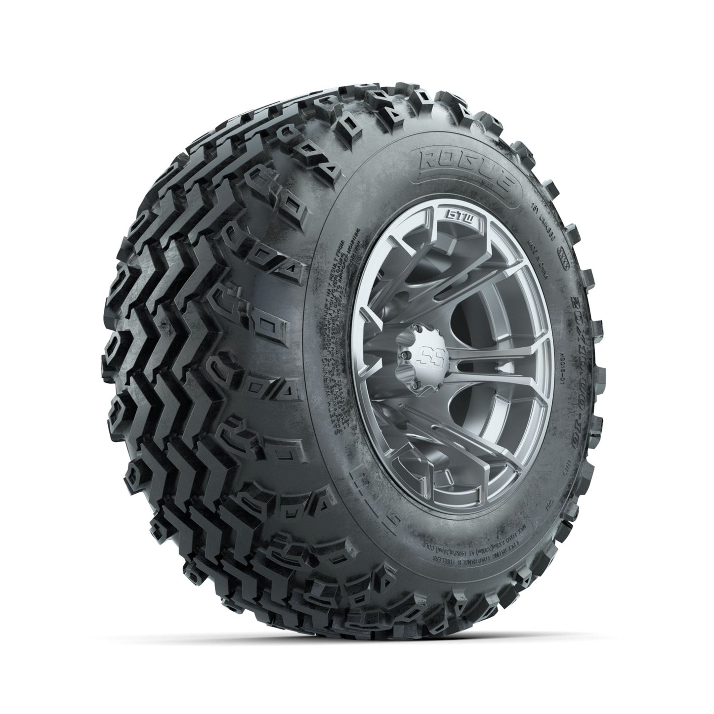 GTW Spyder Silver 10 in Wheels with 20x10.00-10 Rogue All Terrain Tires Full Set