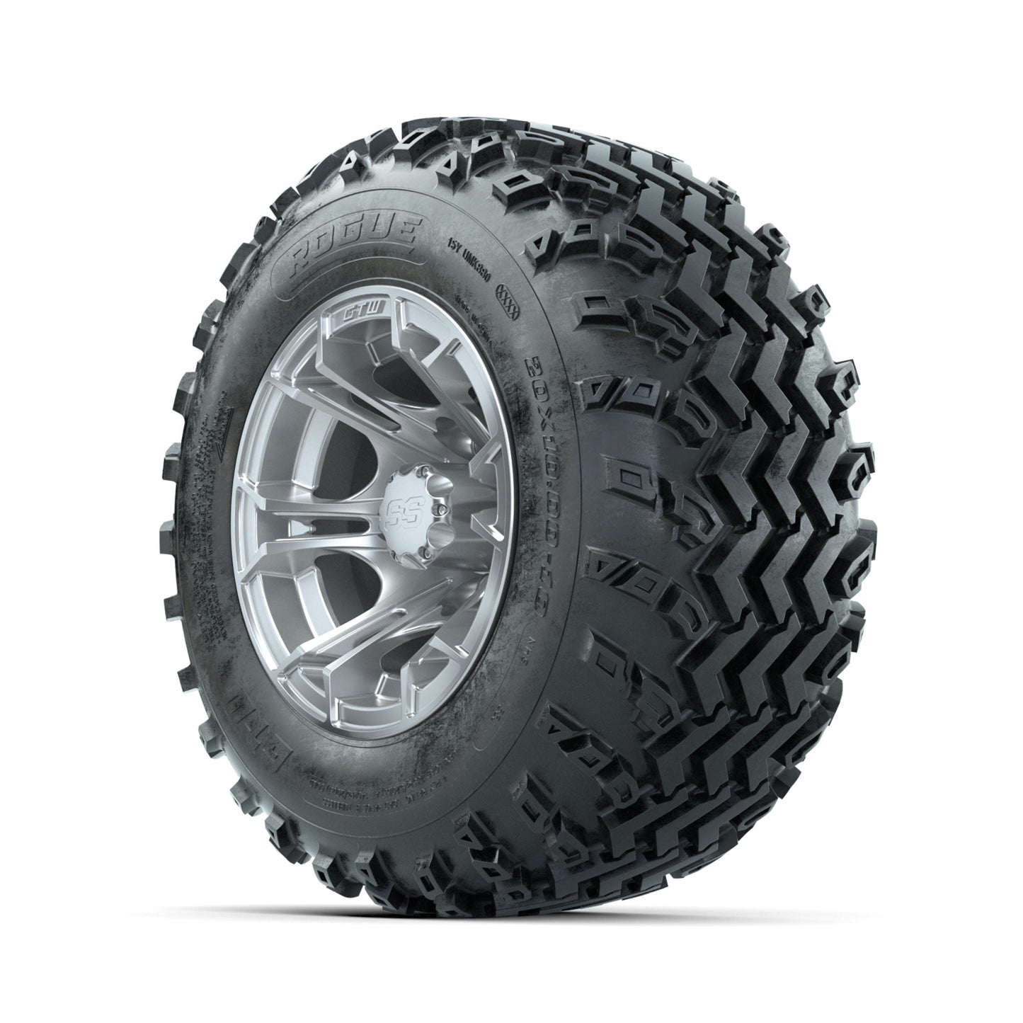 GTW Spyder Silver 10 in Wheels with 20x10.00-10 Rogue All Terrain Tires Full Set