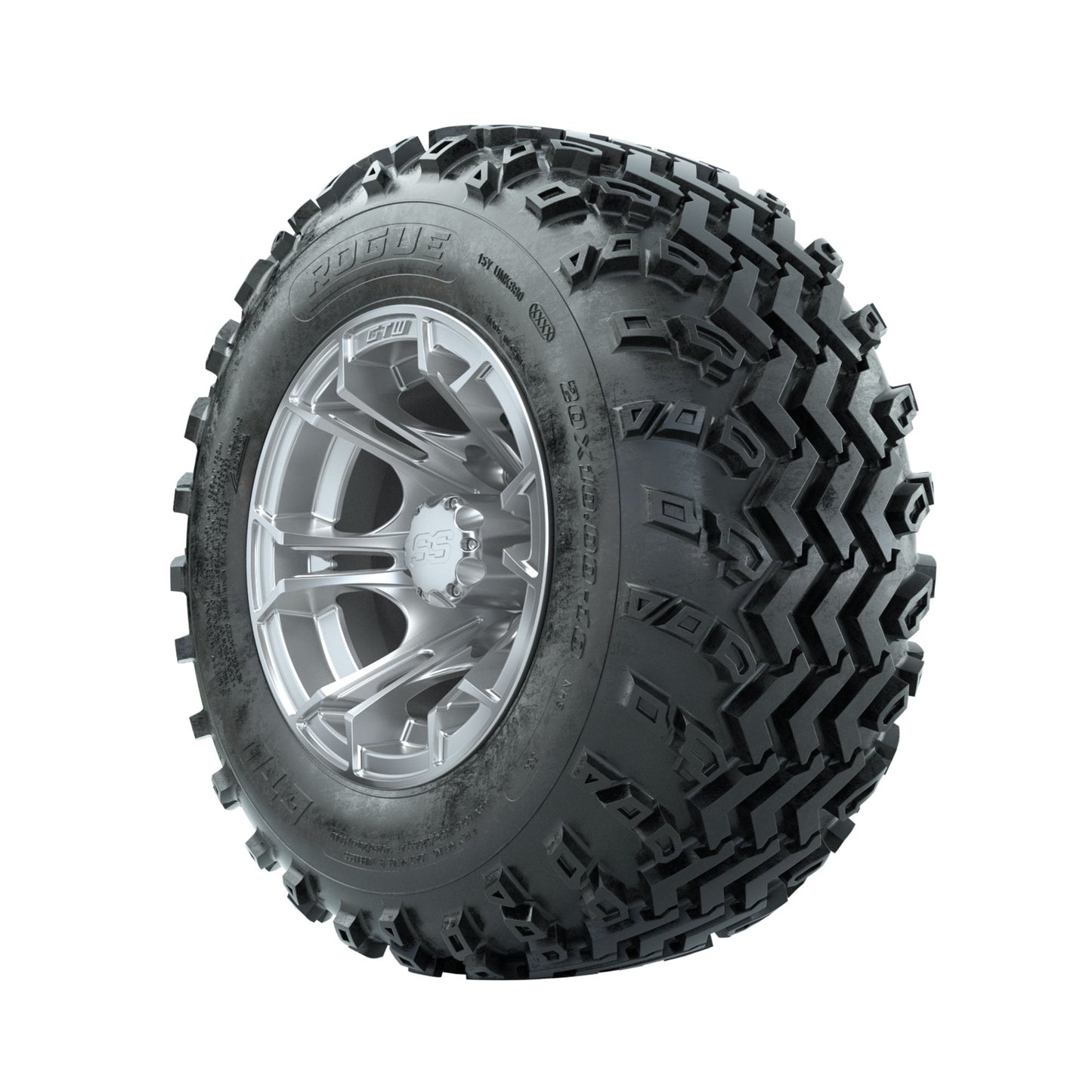 GTW Spyder Silver 10 in Wheels with 20x10.00-10 Rogue All Terrain Tires Full Set
