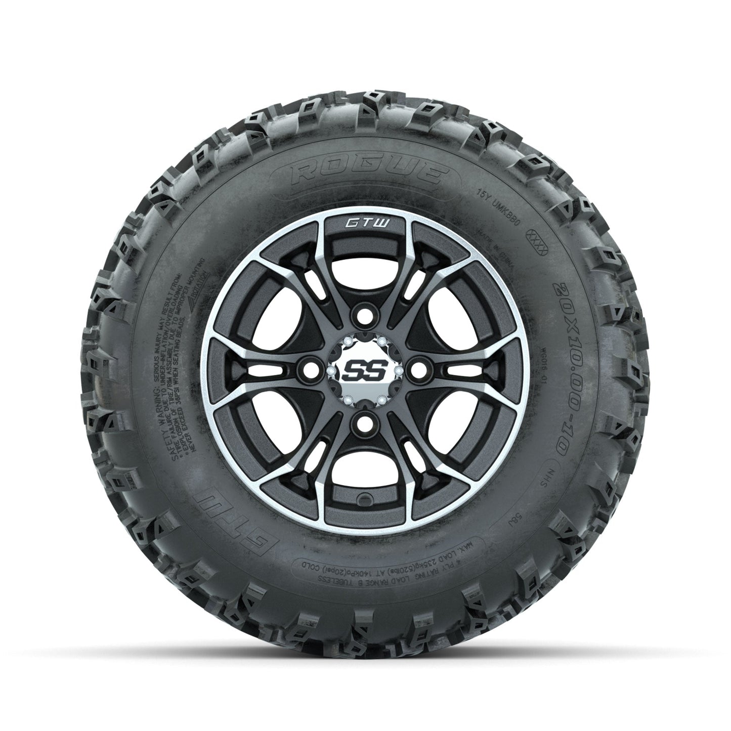 GTW Spyder Machined/Matte Grey 10 in Wheels with 20x10.00-10 Rogue All Terrain Tires Full Set