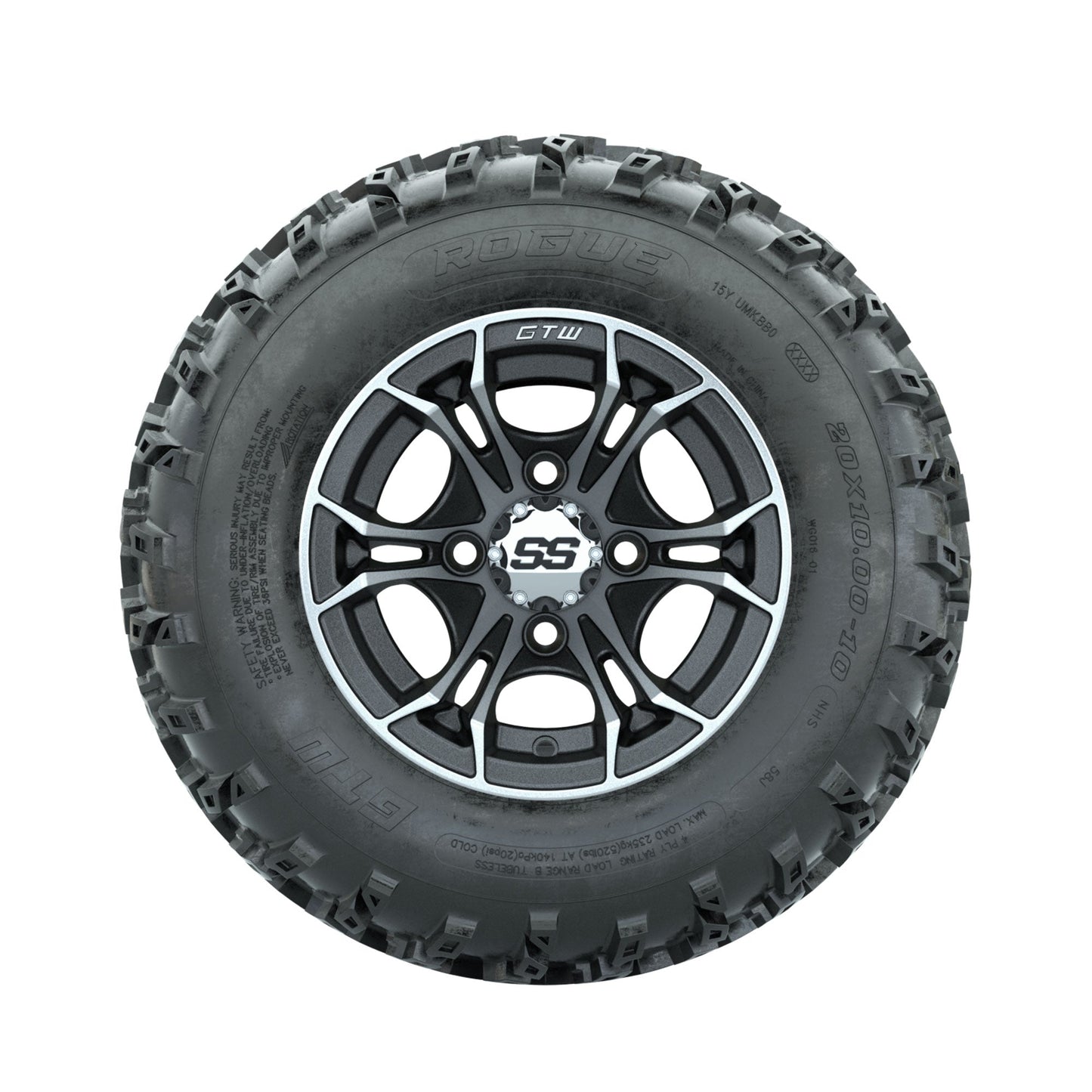 GTW Spyder Machined/Matte Grey 10 in Wheels with 20x10.00-10 Rogue All Terrain Tires Full Set