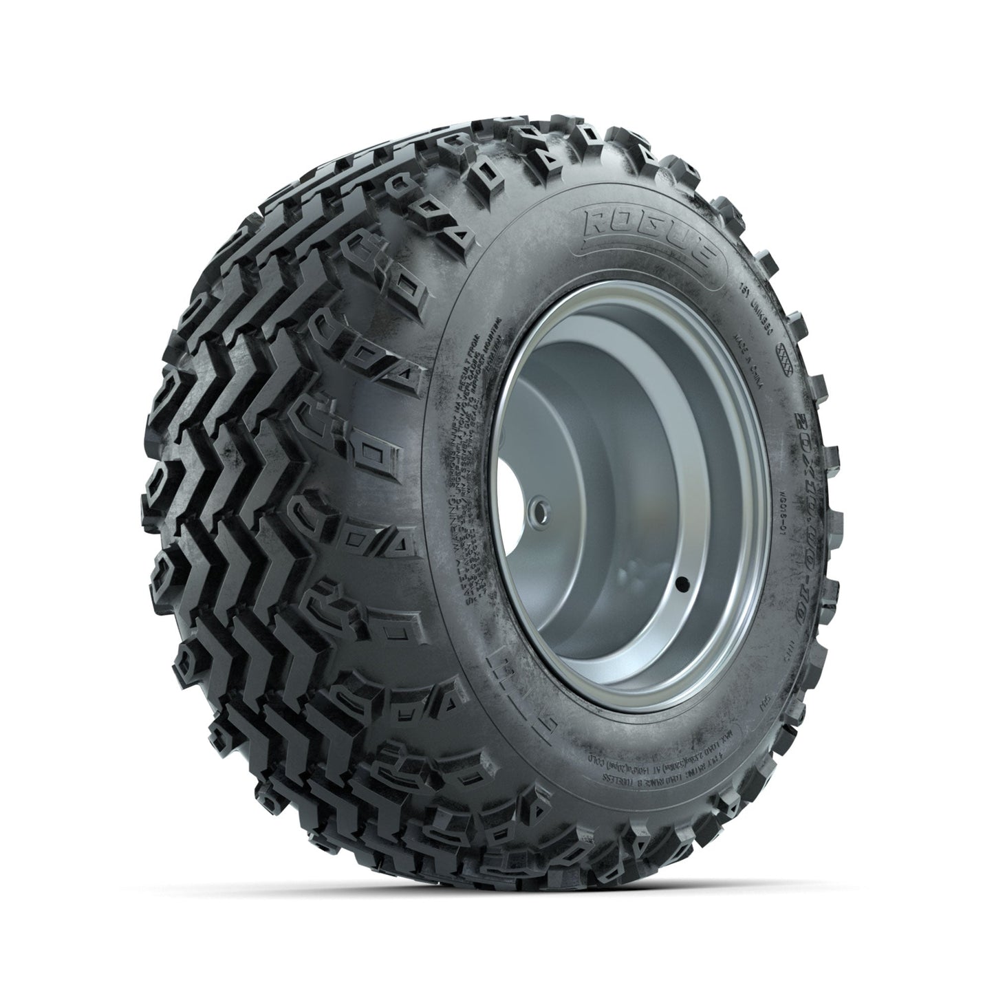 GTW Steel Silver 3:5 Offset 10 in Wheels with 20x10.00-10 Rogue All Terrain Tires Full Set