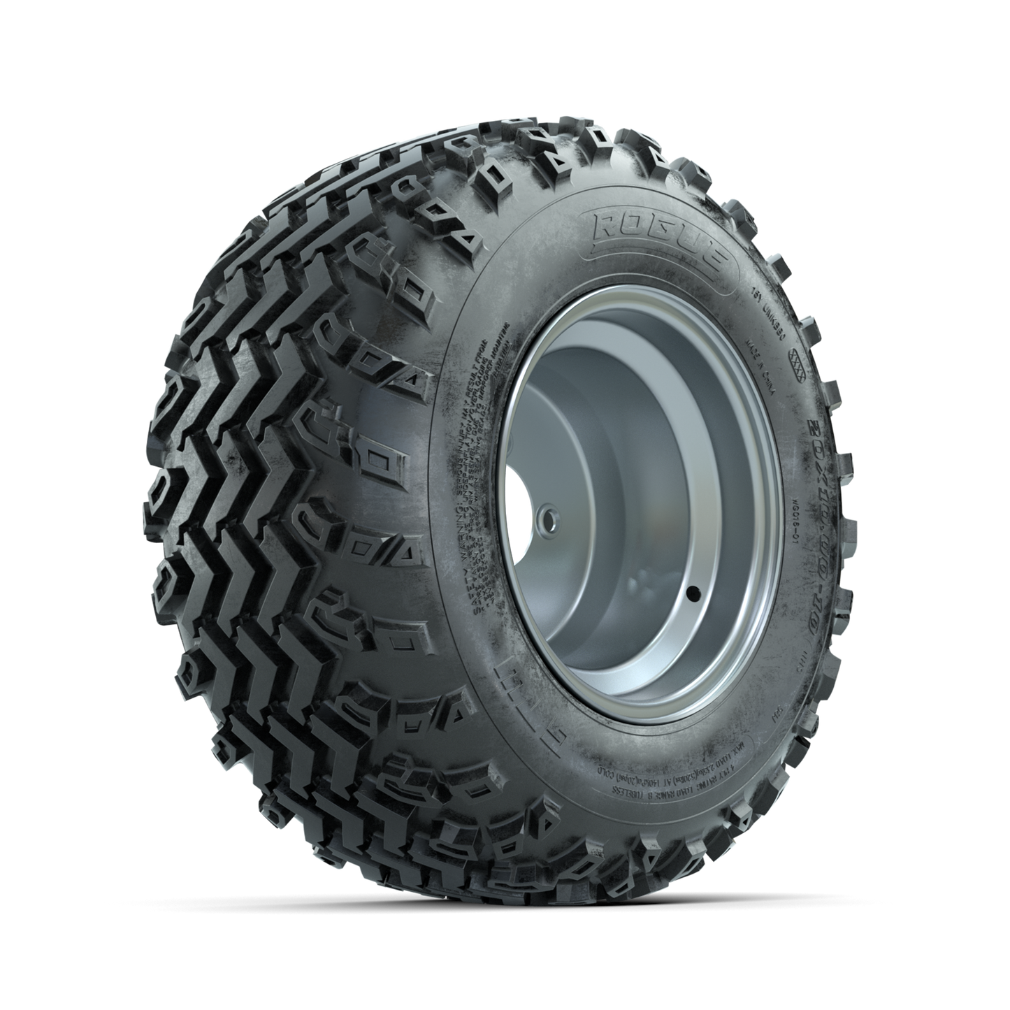GTW Steel Silver 3:5 Offset 10 in Wheels with 20x10.00-10 Rogue All Terrain Tires Full Set