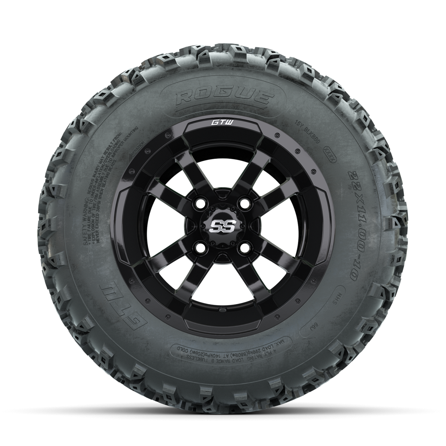 GTW Storm Trooper Black 10 in Wheels with 22x11.00-10 Rogue All Terrain Tires Full Set