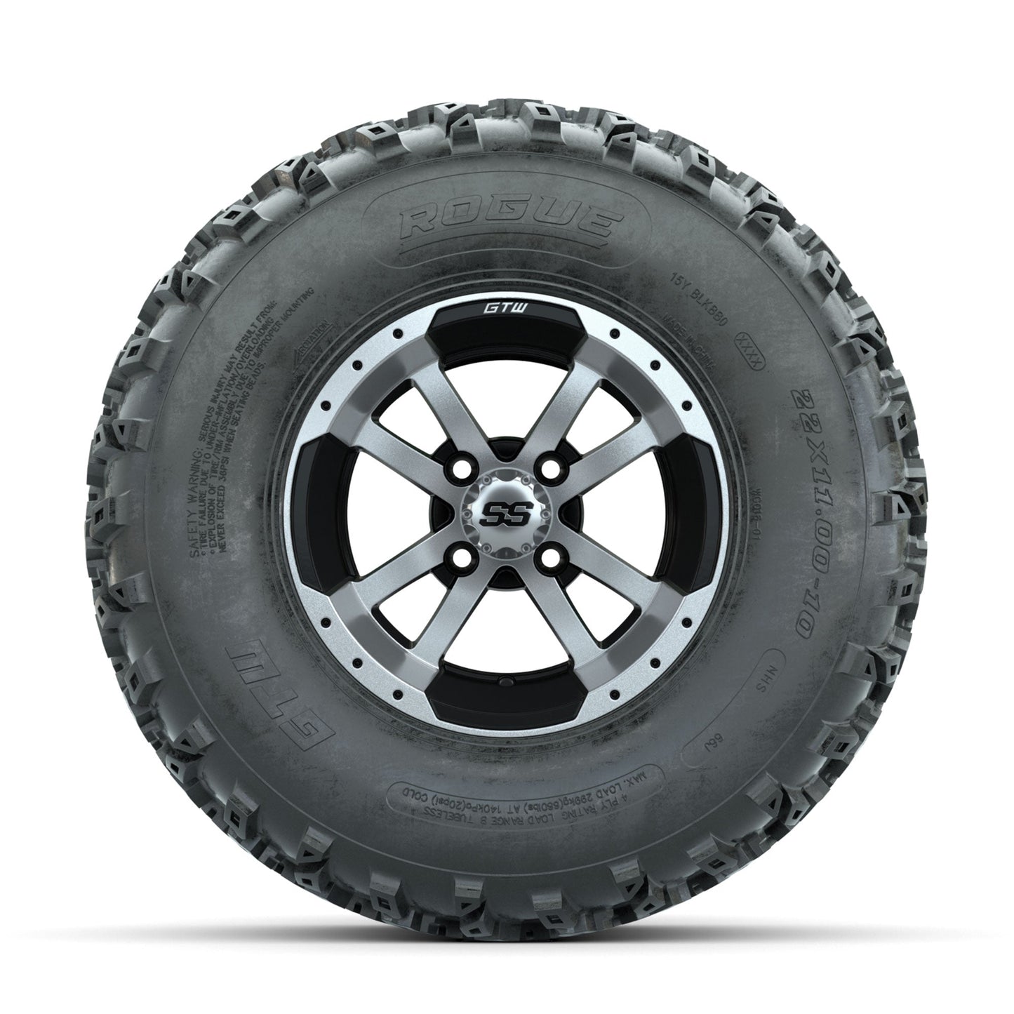 GTW Storm Trooper Machined/Black 10 in Wheels with 22x11.00-10 Rogue All Terrain Tires Full Set