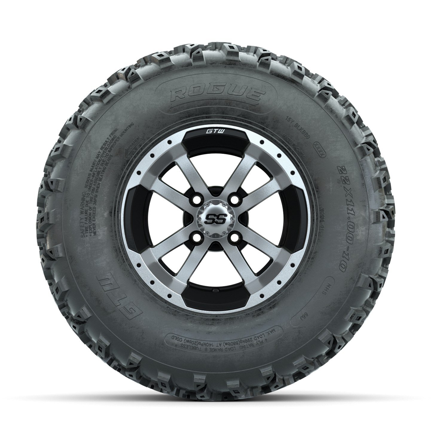 GTW Storm Trooper Machined/Black 10 in Wheels with 22x11.00-10 Rogue All Terrain Tires Full Set