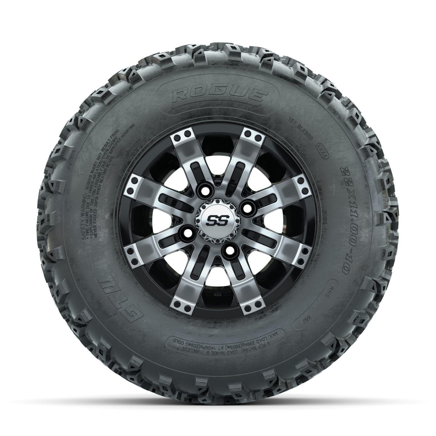 GTW Tempest Machined/Black 10 in Wheels with 22x11.00-10 Rogue All Terrain Tires Full Set
