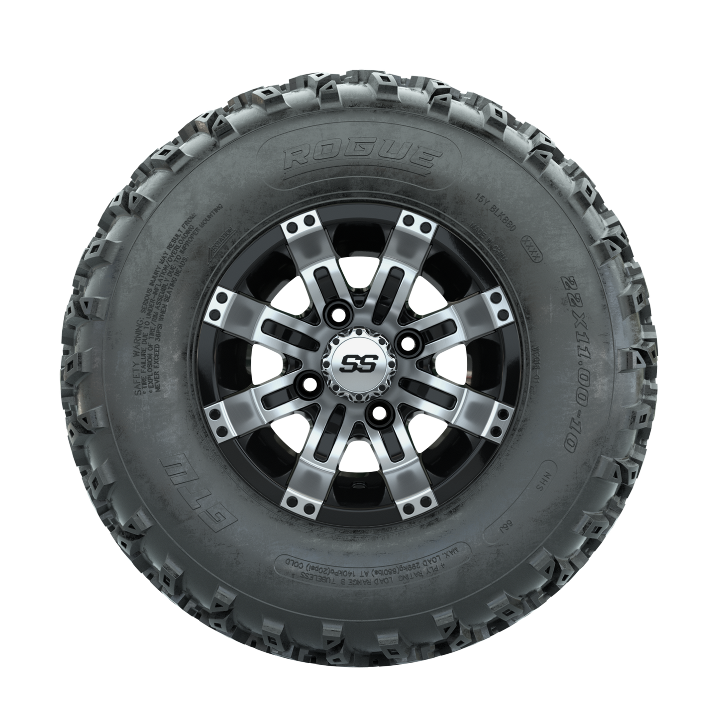 GTW Tempest Machined/Black 10 in Wheels with 22x11.00-10 Rogue All Terrain Tires Full Set