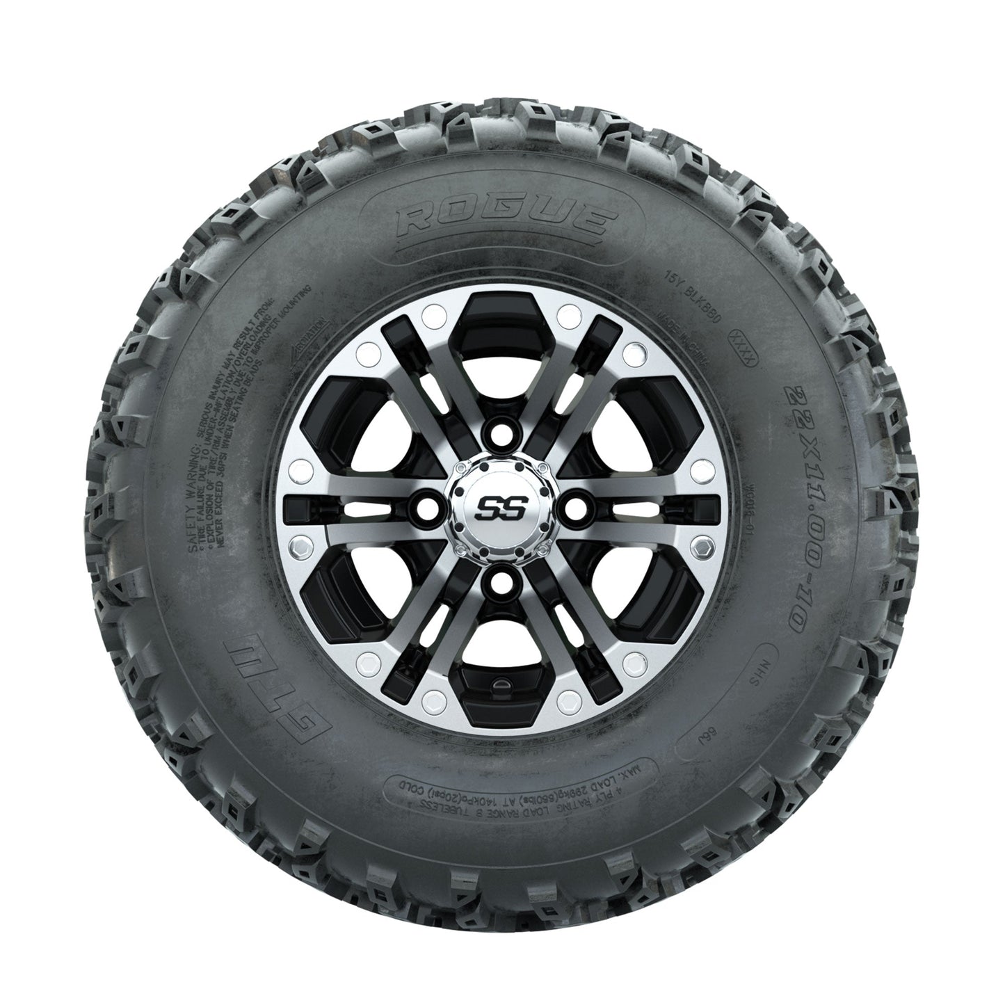 GTW Specter Machined/Black 10 in Wheels with 22x11.00-10 Rogue All Terrain Tires Full Set