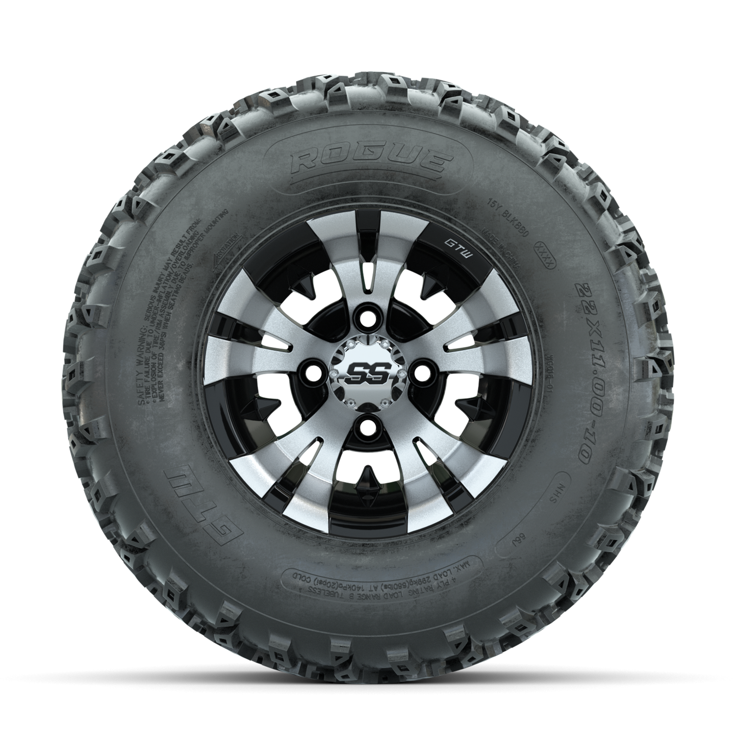GTW Vampire Machined/Black 10 in Wheels with 22x11.00-10 Rogue All Terrain Tires Full Set