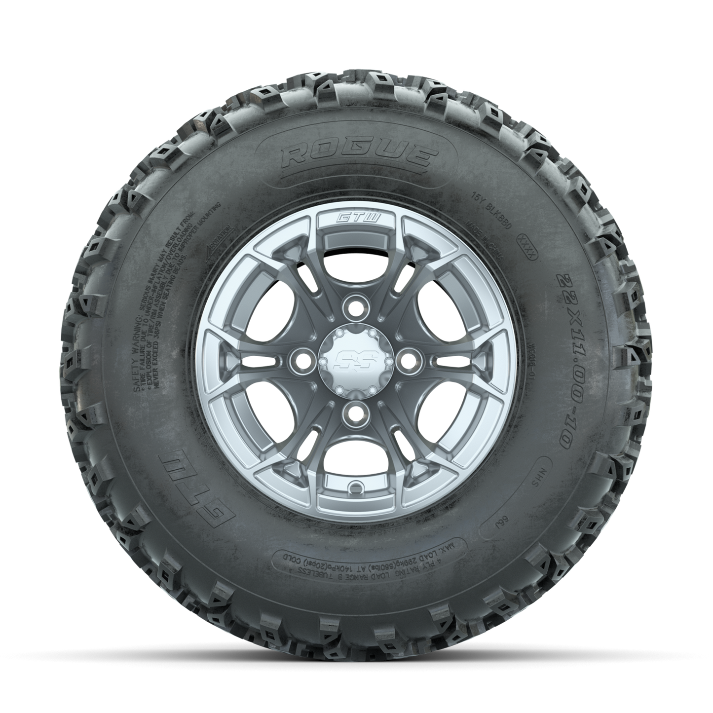 GTW Spyder Silver 10 in Wheels with 22x11.00-10 Rogue All Terrain Tires Full Set