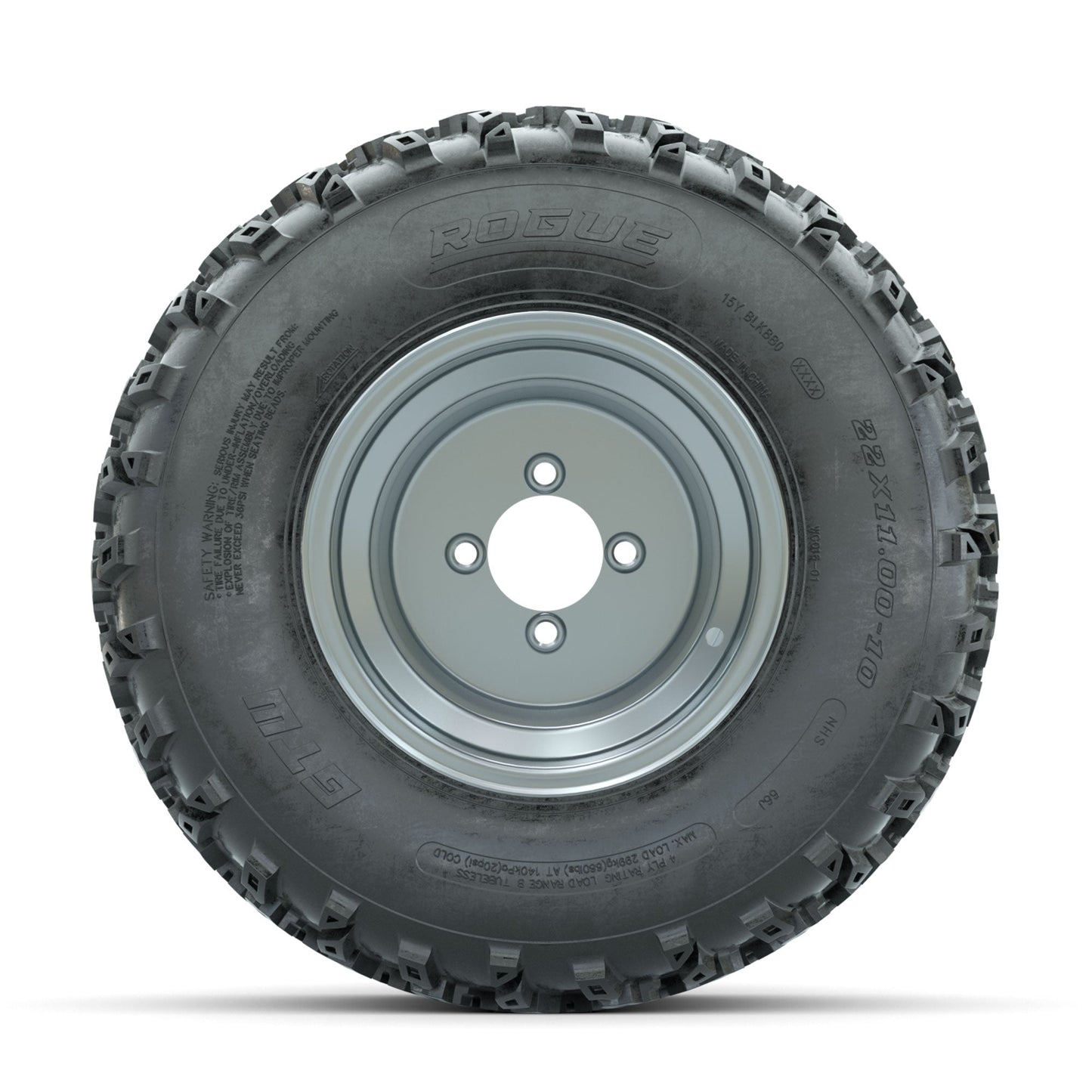 GTW Steel Silver 3:5 Offset 10 in Wheels with 22x11.00-10 Rogue All Terrain Tires Full Set