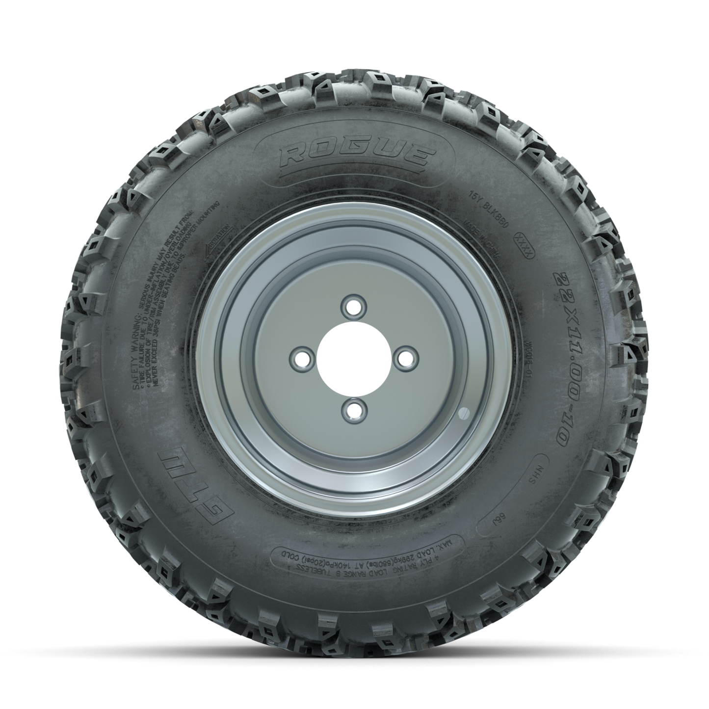 GTW Steel Silver 3:5 Offset 10 in Wheels with 22x11.00-10 Rogue All Terrain Tires Full Set