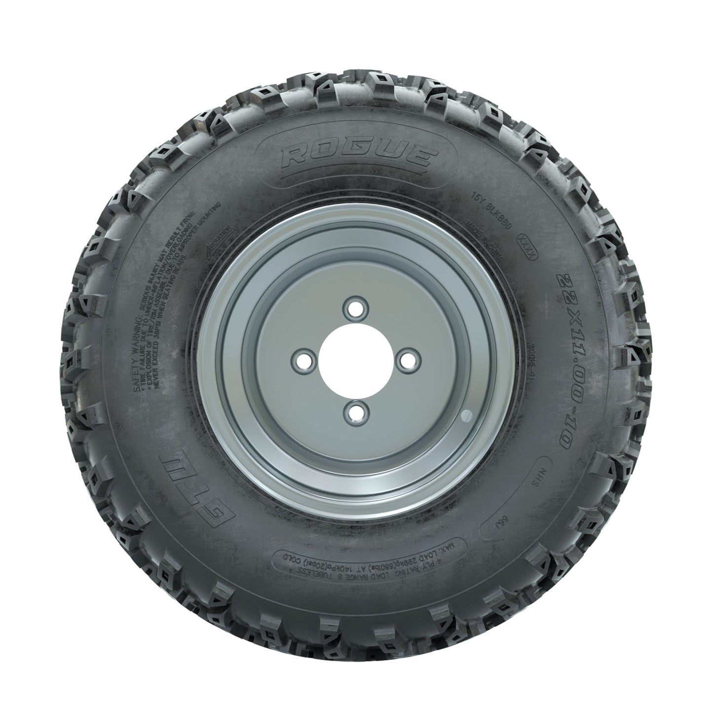 GTW Steel Silver 3:5 Offset 10 in Wheels with 22x11.00-10 Rogue All Terrain Tires Full Set