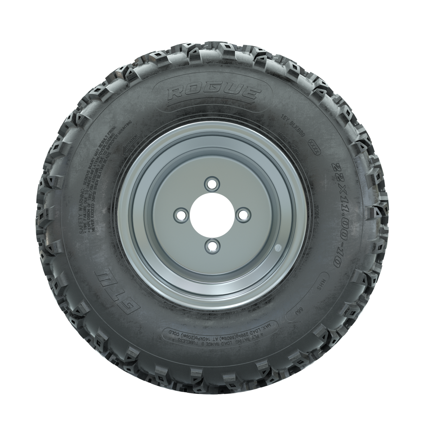 GTW Steel Silver 3:5 Offset 10 in Wheels with 22x11.00-10 Rogue All Terrain Tires Full Set
