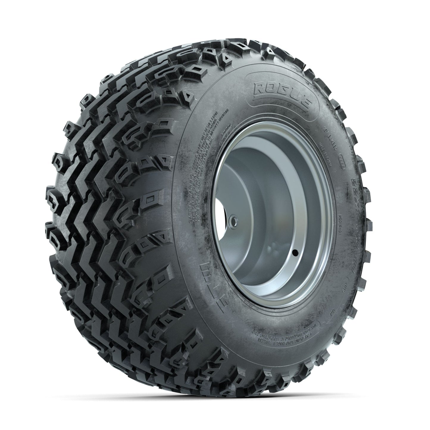 GTW Steel Silver 3:5 Offset 10 in Wheels with 22x11.00-10 Rogue All Terrain Tires Full Set