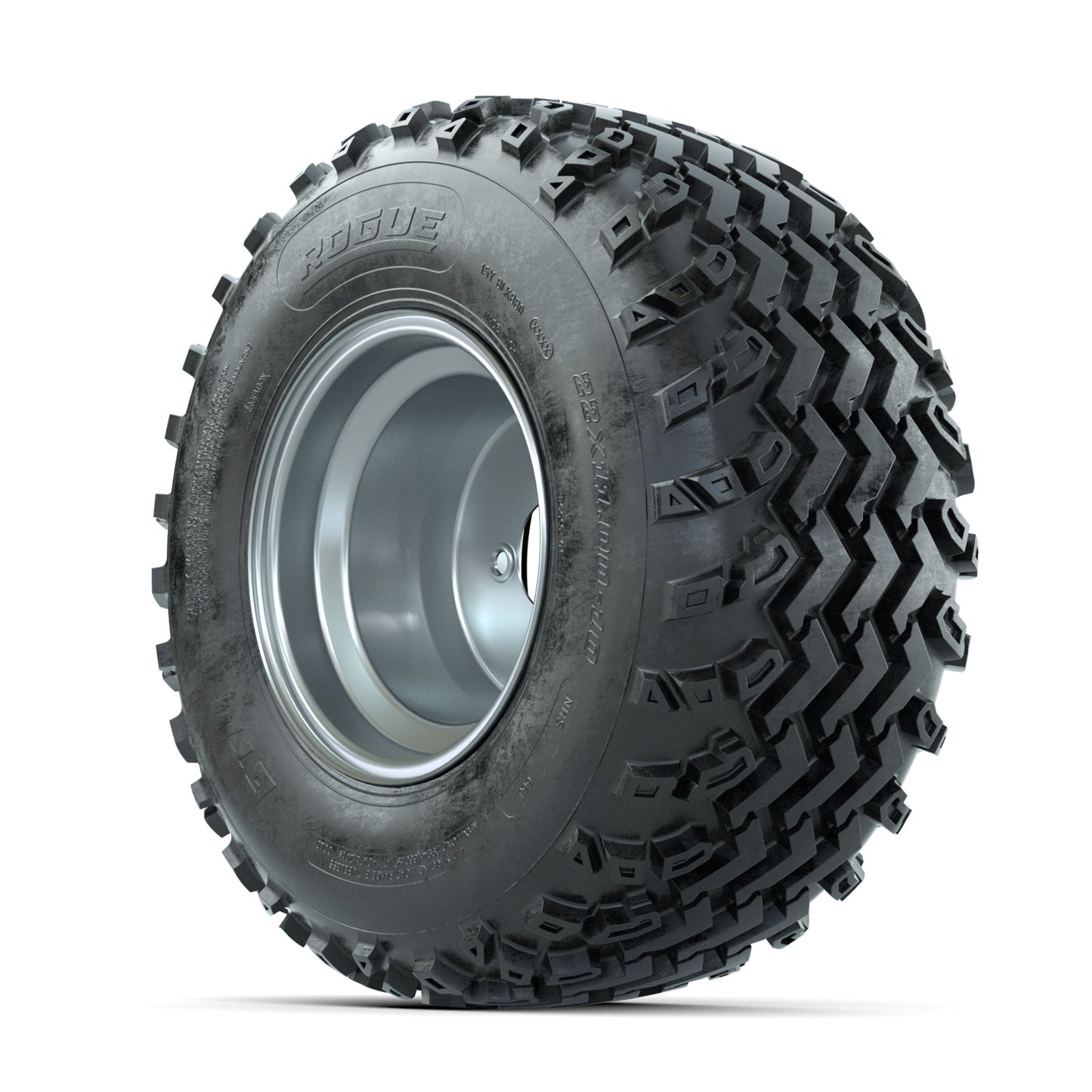 GTW Steel Silver 3:5 Offset 10 in Wheels with 22x11.00-10 Rogue All Terrain Tires Full Set