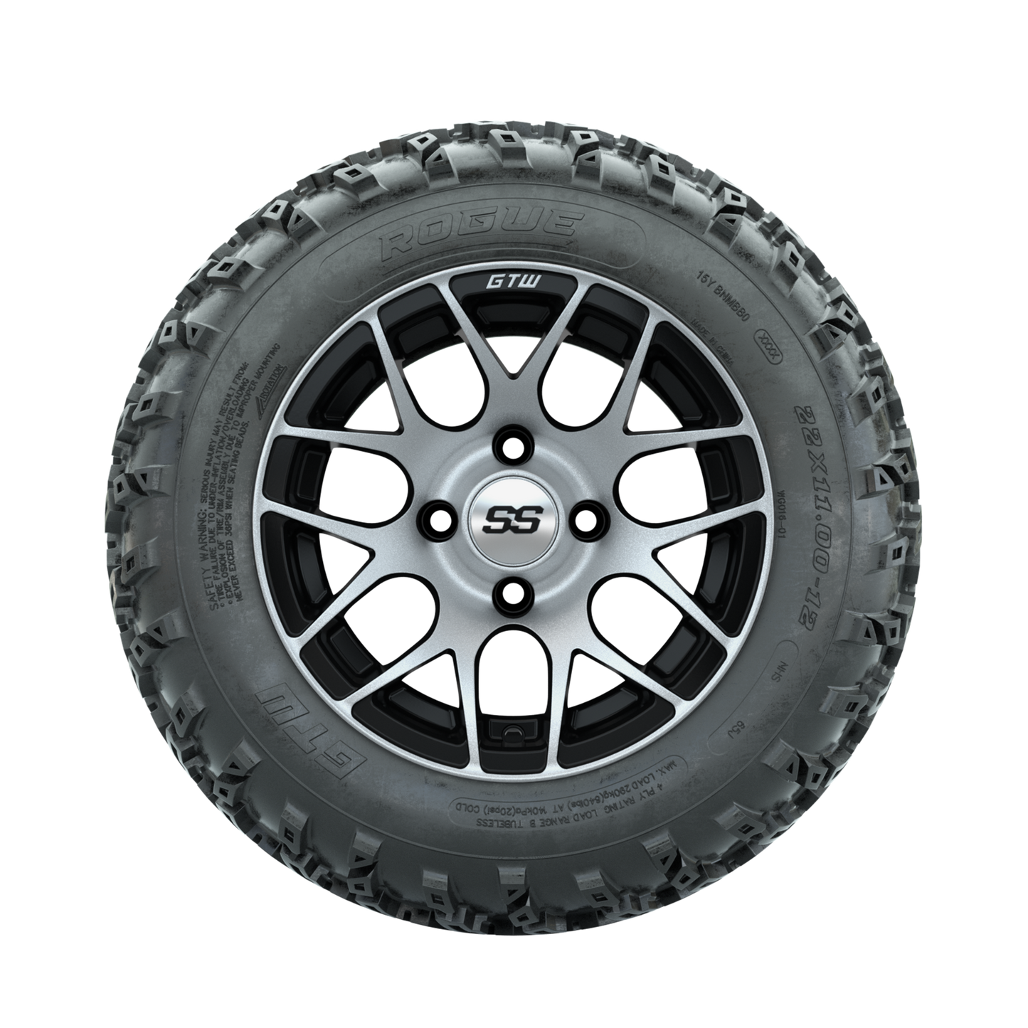 GTW Pursuit Machined/Black 12 in Wheels with 22x11.00-12 Rogue All Terrain Tires  Full Set