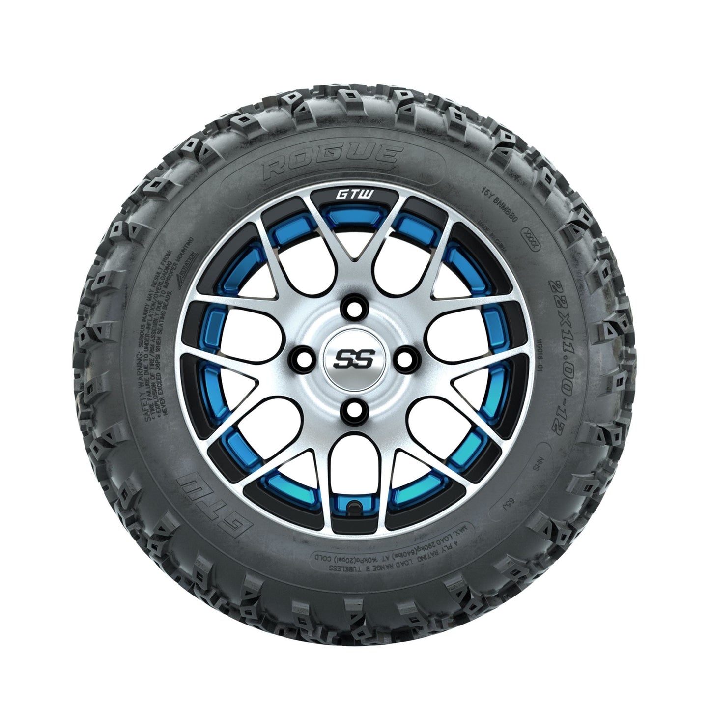 GTW Pursuit Blue 12 in Wheels with 22x11.00-12 Rogue All Terrain Tires Full Set