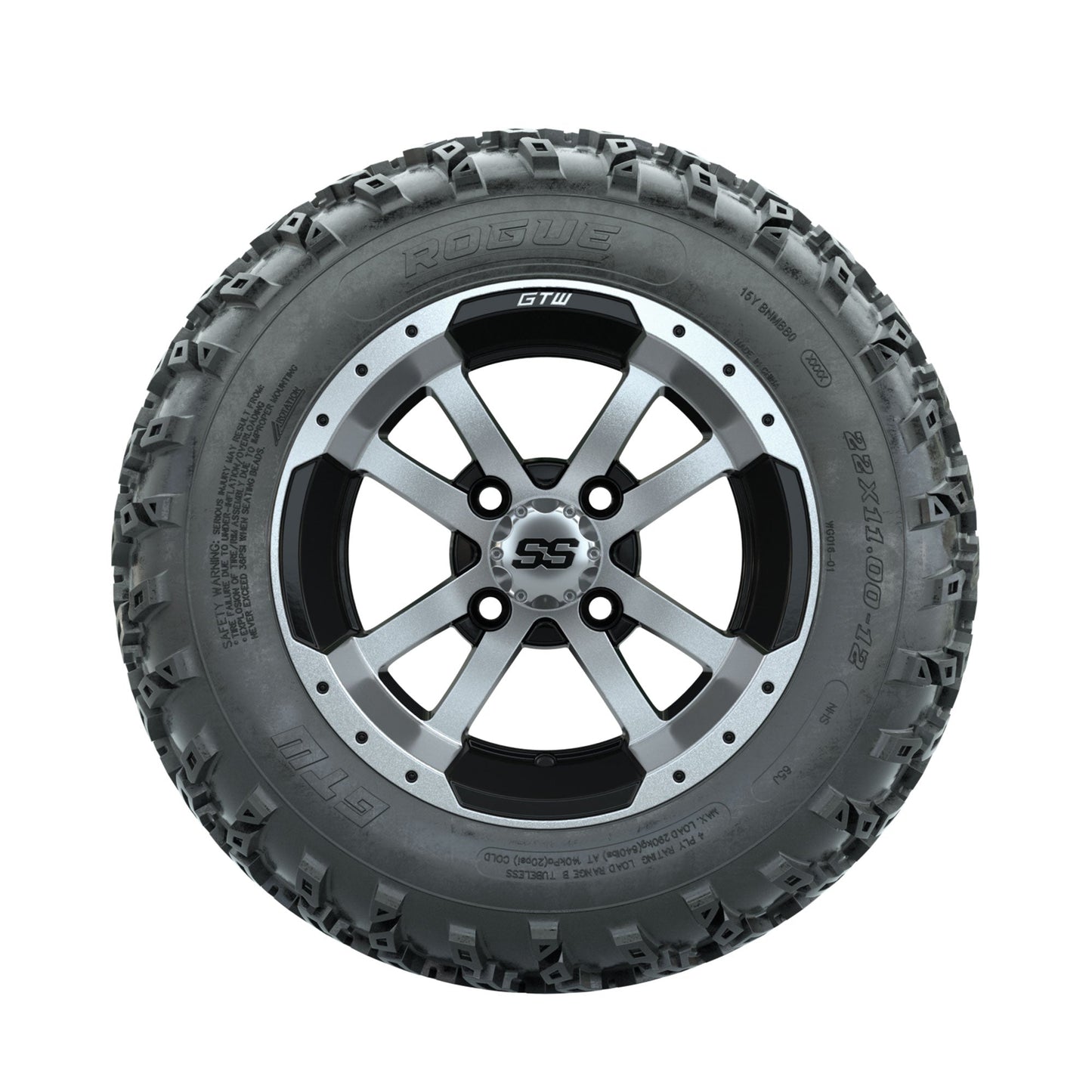 GTW Storm Trooper Machined/Black 12 in Wheels with 22x11.00-12 Rogue All Terrain Tires Full Set