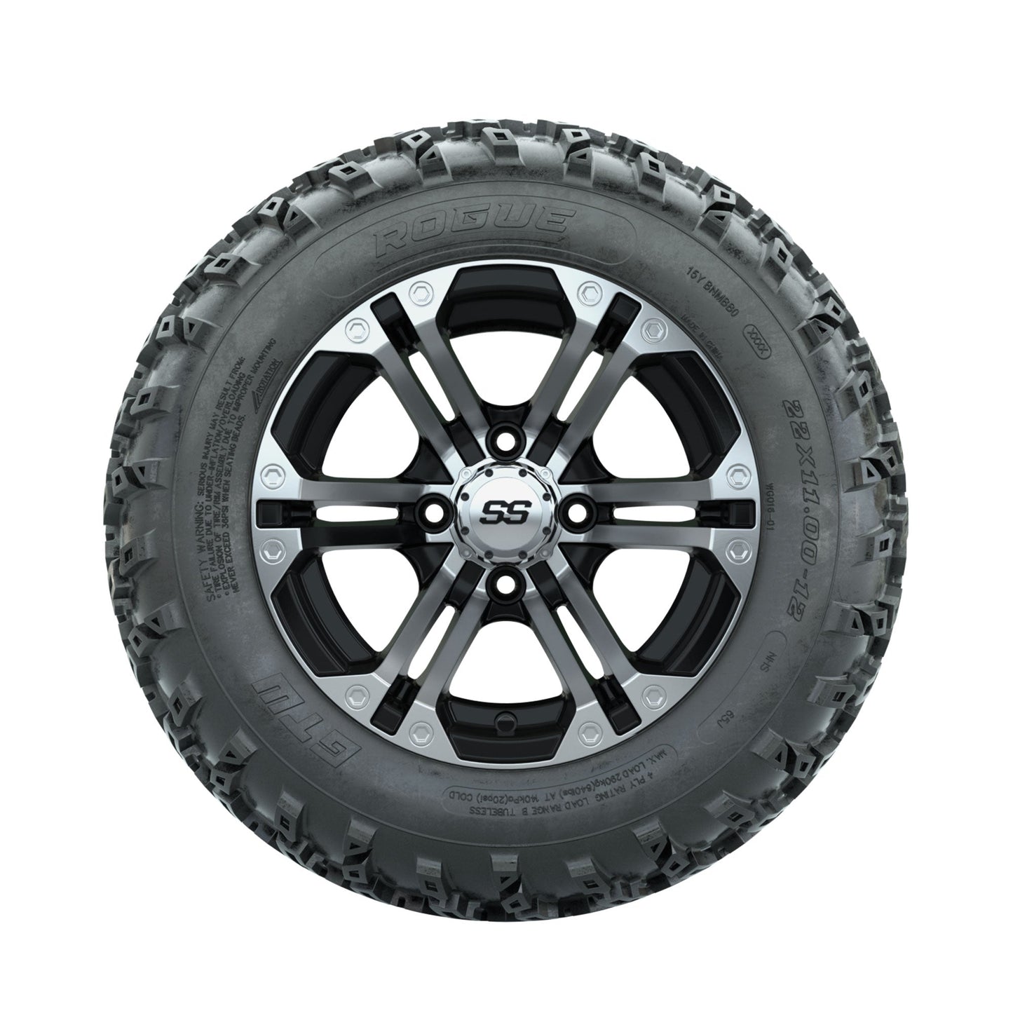 GTW Specter Machined/Black 12 in Wheels with 22x11.00-12 Rogue All Terrain Tires Full Set
