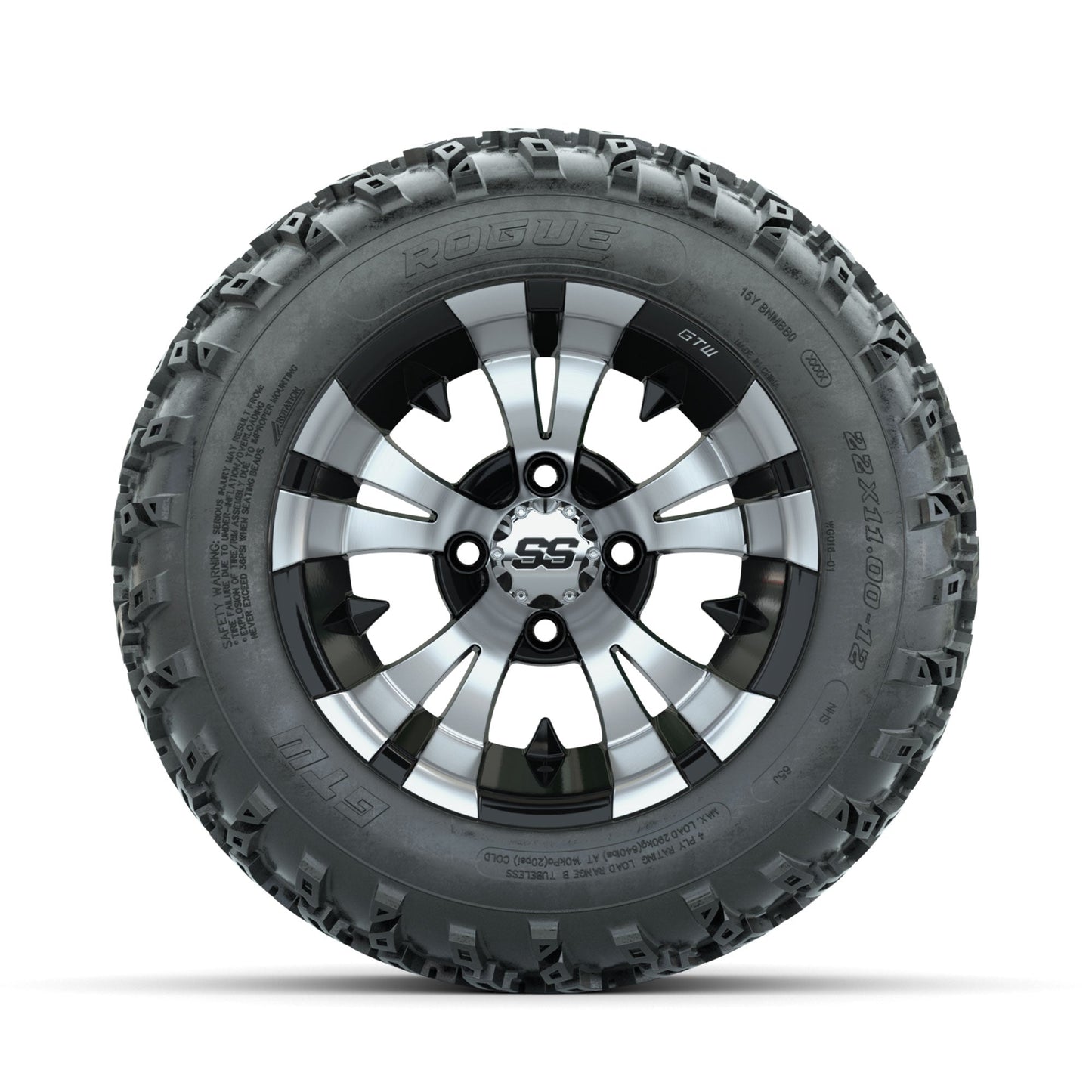 GTW Vampire Machined/Black 12 in Wheels with 22x11.00-12 Rogue All Terrain Tires Full Set