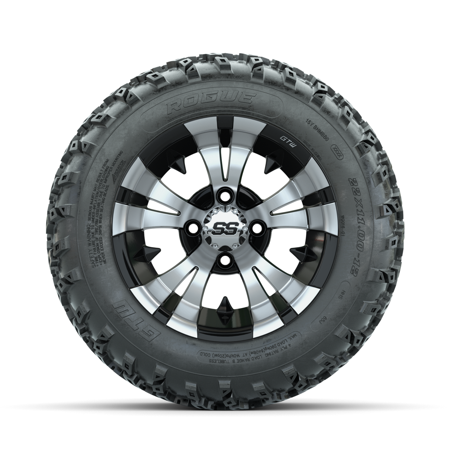 GTW Vampire Machined/Black 12 in Wheels with 22x11.00-12 Rogue All Terrain Tires Full Set
