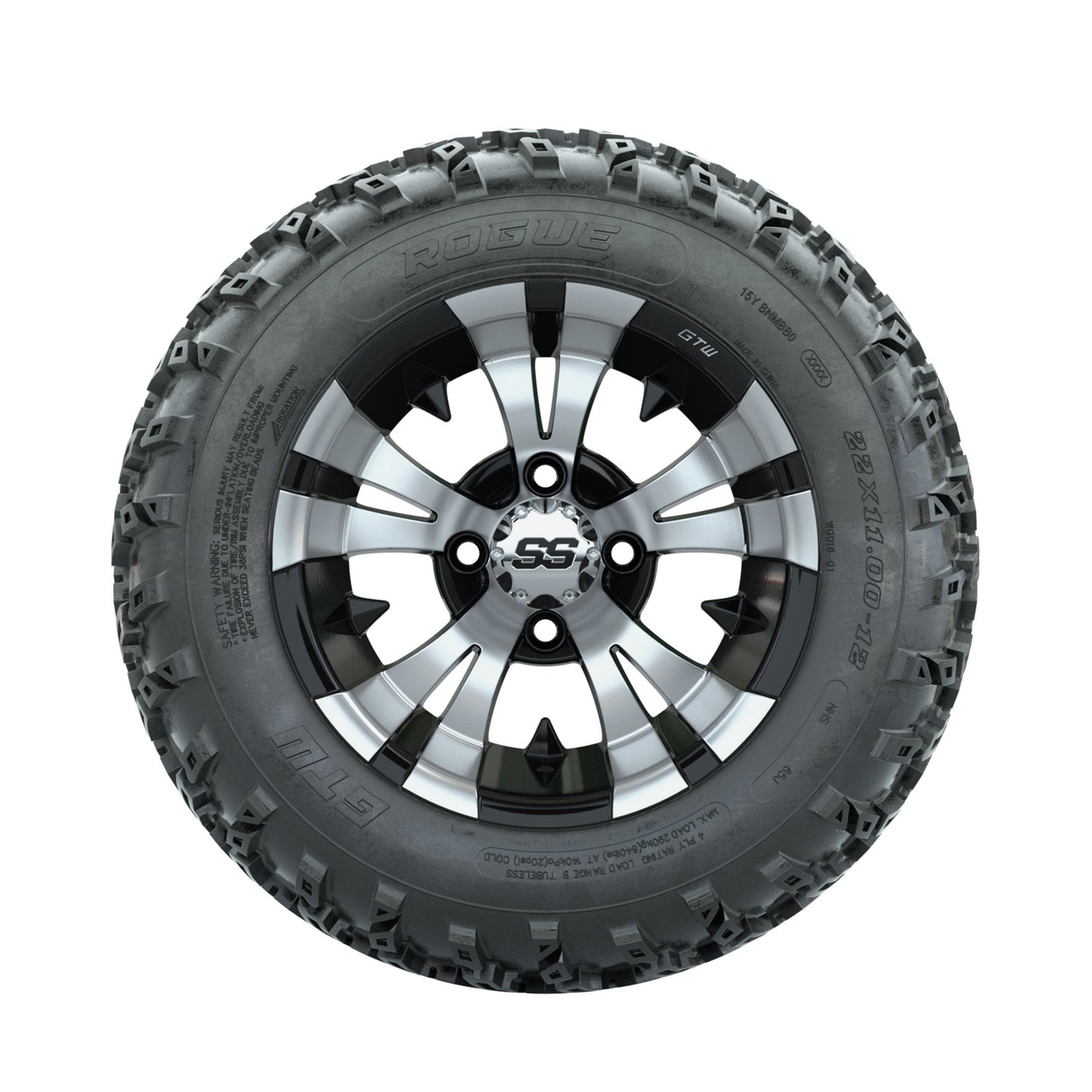GTW Vampire Machined/Black 12 in Wheels with 22x11.00-12 Rogue All Terrain Tires Full Set