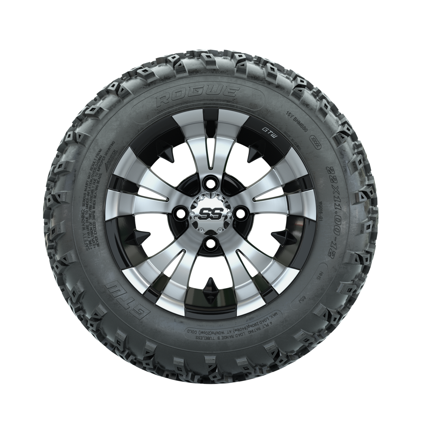 GTW Vampire Machined/Black 12 in Wheels with 22x11.00-12 Rogue All Terrain Tires Full Set