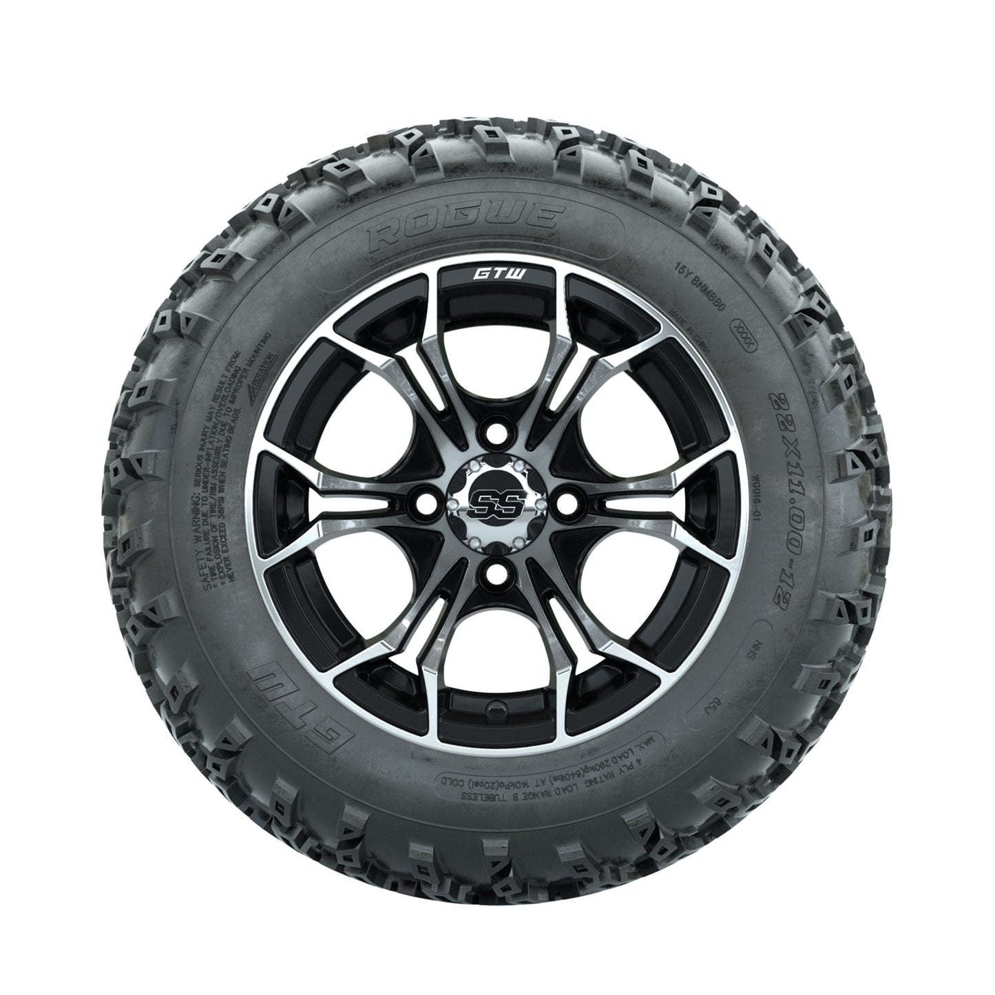 GTW Spyder Machined/Black 12 in Wheels with 22x11.00-12 Rogue All Terrain Tires Full Set