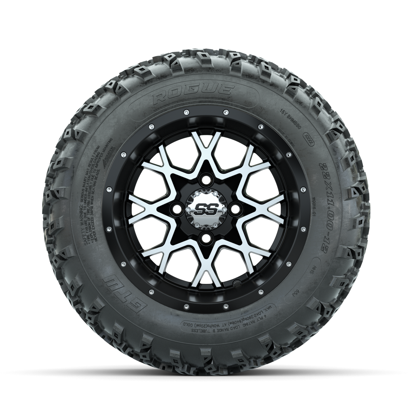 GTW Vortex Machined/Matte Black 12 in Wheels with 22x11.00-12 Rogue All Terrain Tires Full Set