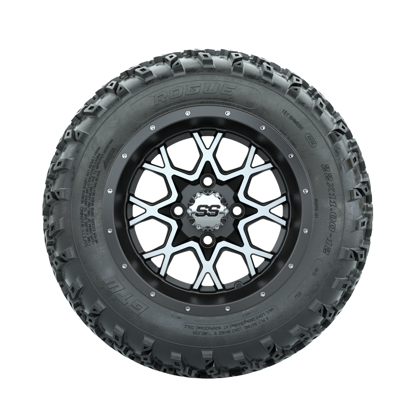 GTW Vortex Machined/Matte Grey 12 in Wheels with 22x11.00-12 Rogue All Terrain Tires Full Set