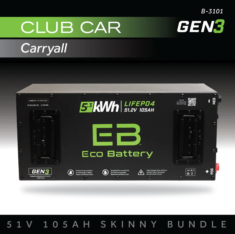Eco Battery 51V 105aH LifePoh4 Lithium Golf Cart Battery Kit Club Car CarryAll 2015 and Newer Gen 3 10 Year Warranty