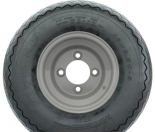 Set of (4) 8" Gray Steel Wheels with 18 in Golf Pro Plus Sawtooth Tires (6-Ply)