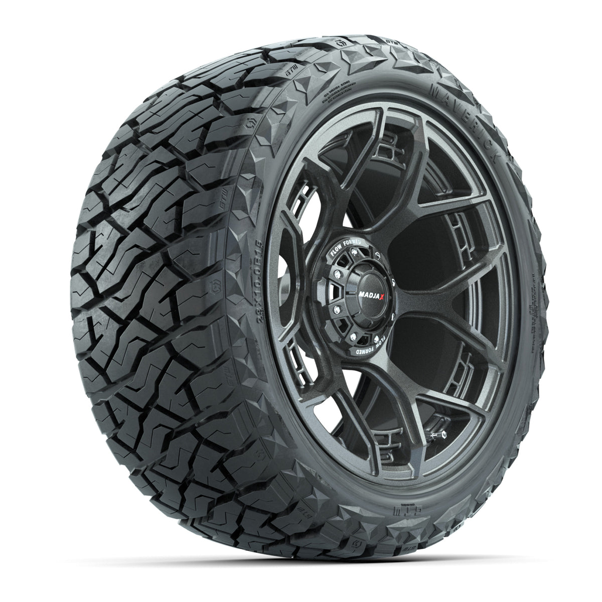 GTW MadJax® Flow Form Evolution Gunmetal 15 in Wheels with 23x10.00-R15 Maverick All-Terrain Tires – Full Set