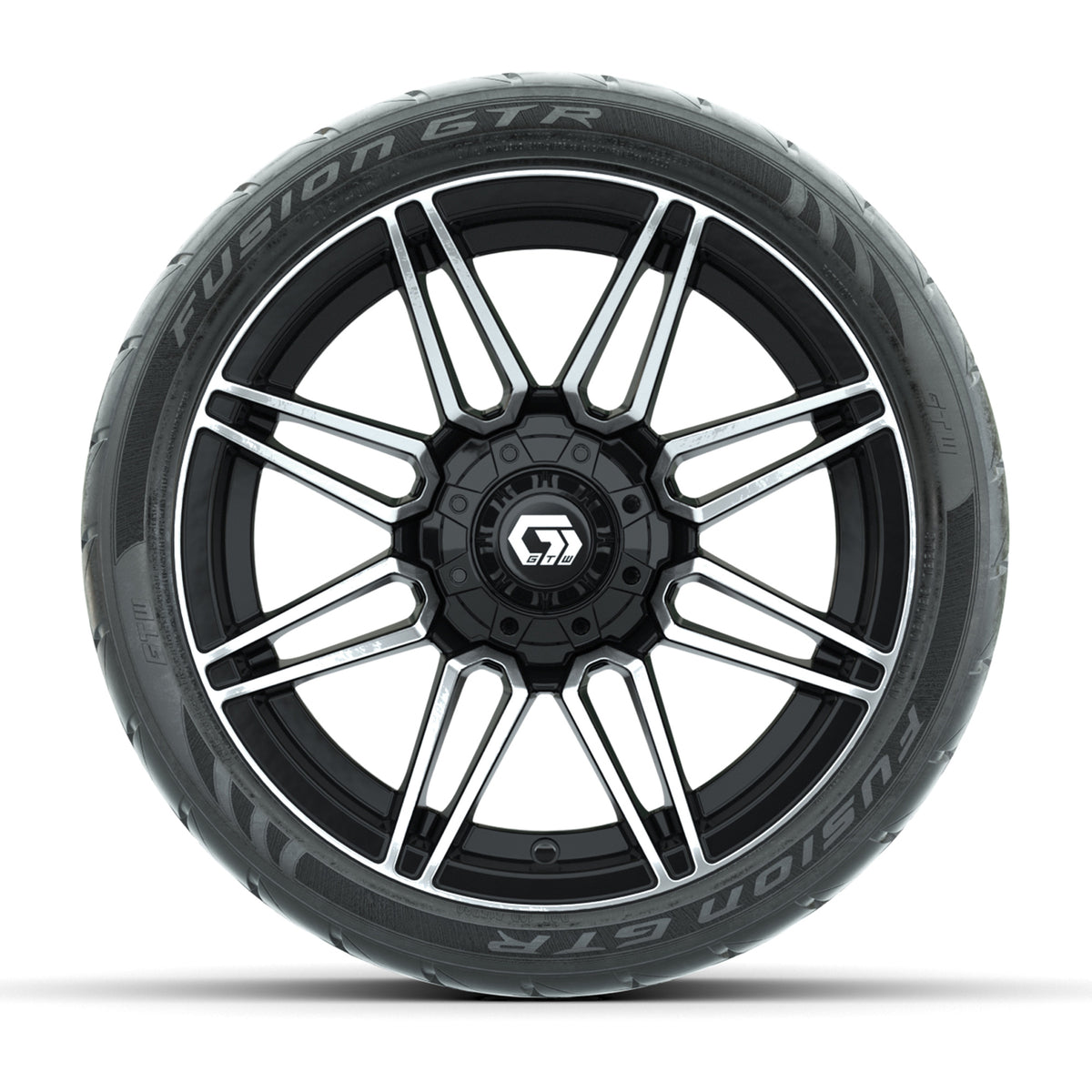 GTW® Stealth Gloss Black/Machined 14 in Wheels with 205/40-R14 Fusion GTR Steel Belted Street Tires Full Set
