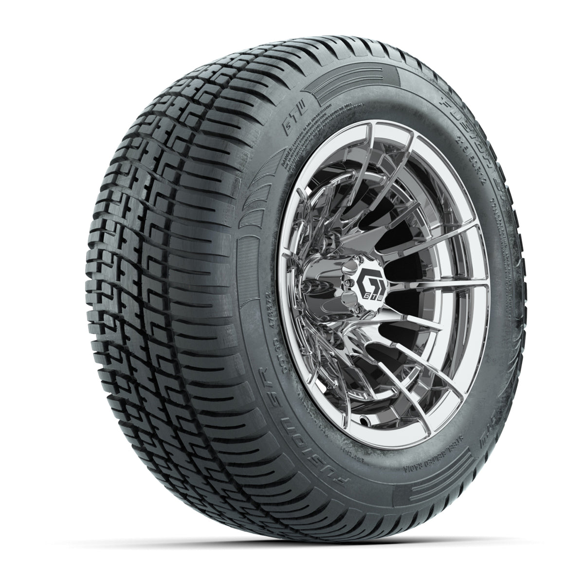 GTW® Boost Chrome 12 in Wheels with 215/50-R12 Fusion S/R Steel Belt Radial Tires Full Set
