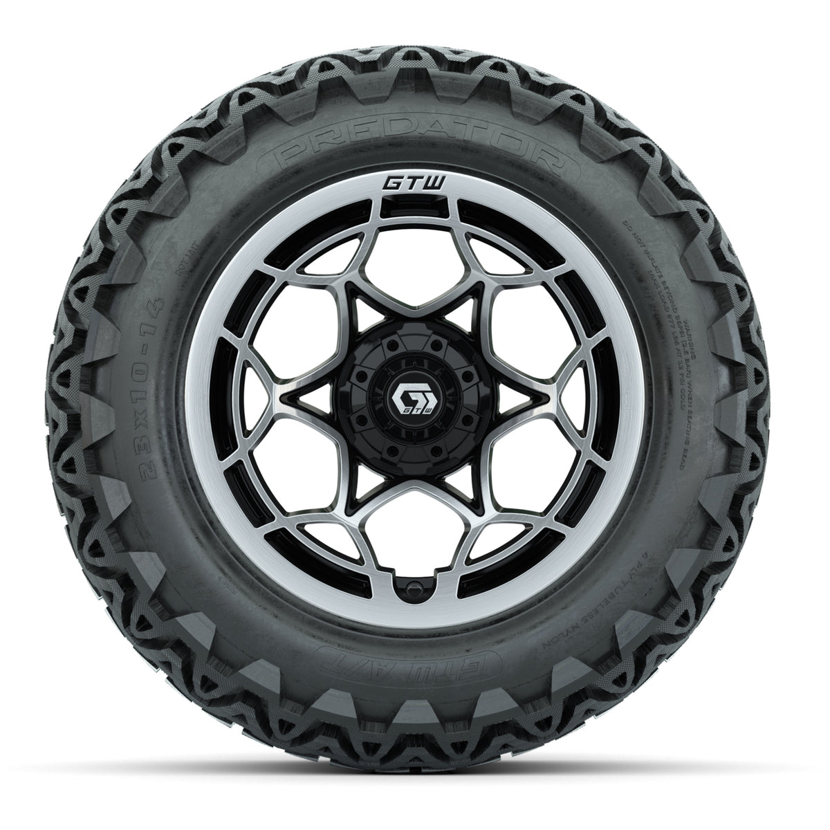 GTW® Nexus Gloss Black/Silver 14 in Wheels with 23x10-14 Predator All-Terrain Tires Full Set