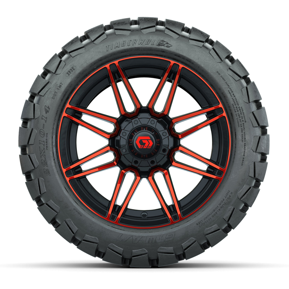 GTW® Stealth Gloss Black/Red 14 in Wheels with 22x10-14 Timberwolf All-Terrain Tires Full Set