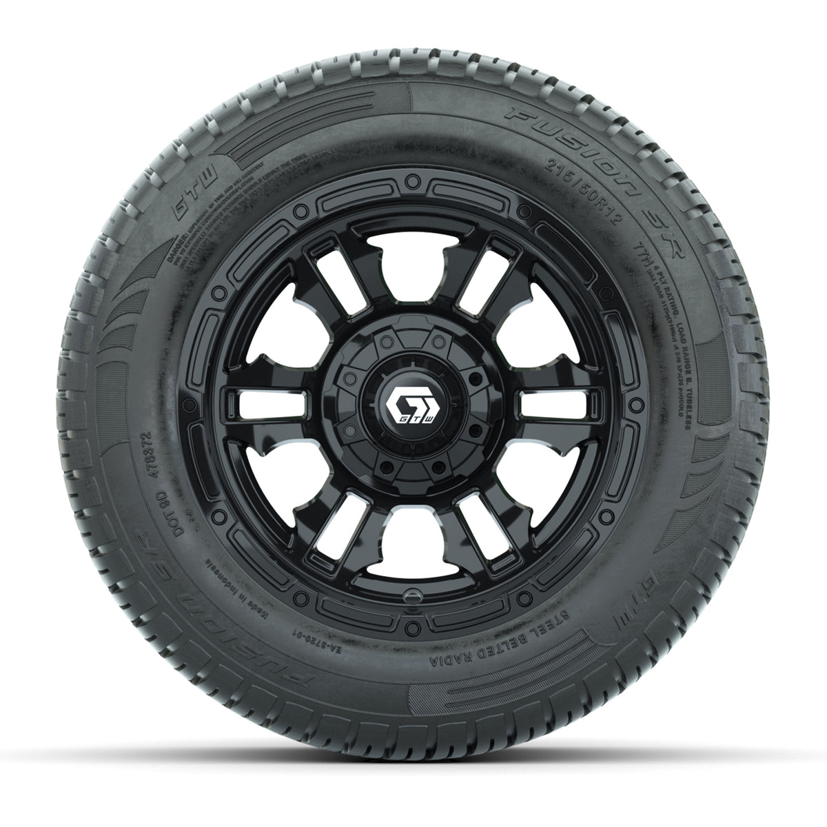 GTW® Shogun Gloss Black 12 in Wheels with 215/50-R12 Fusion S/R Steel Belt Radial Tires Full Set