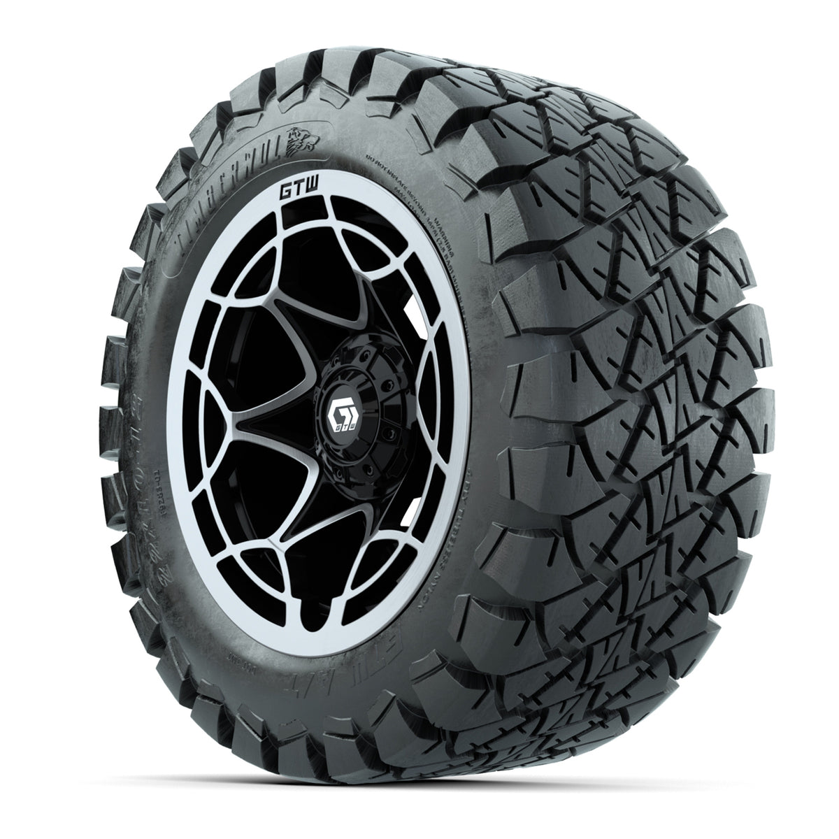 GTW® Nexus Gloss Black 12 in Wheels with 22x10-12 Timberwolf All-Terrain Tires Full Set