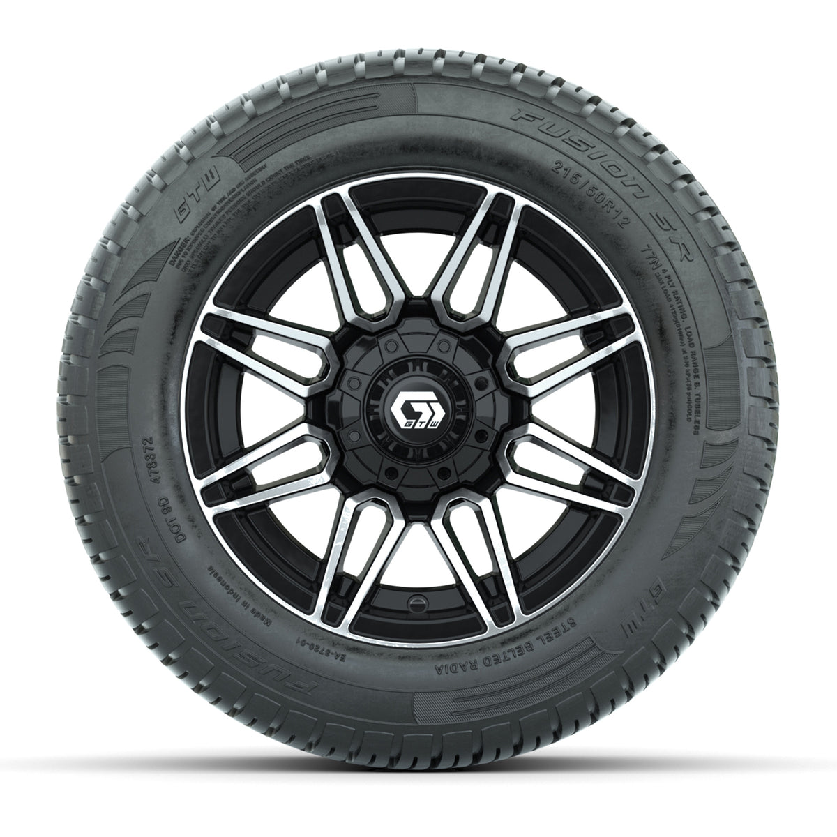 GTW® Stealth Black/Machined 12 in Wheels with 215/50-R12 Fusion S/R Steel Belt Radial Tires Full Set