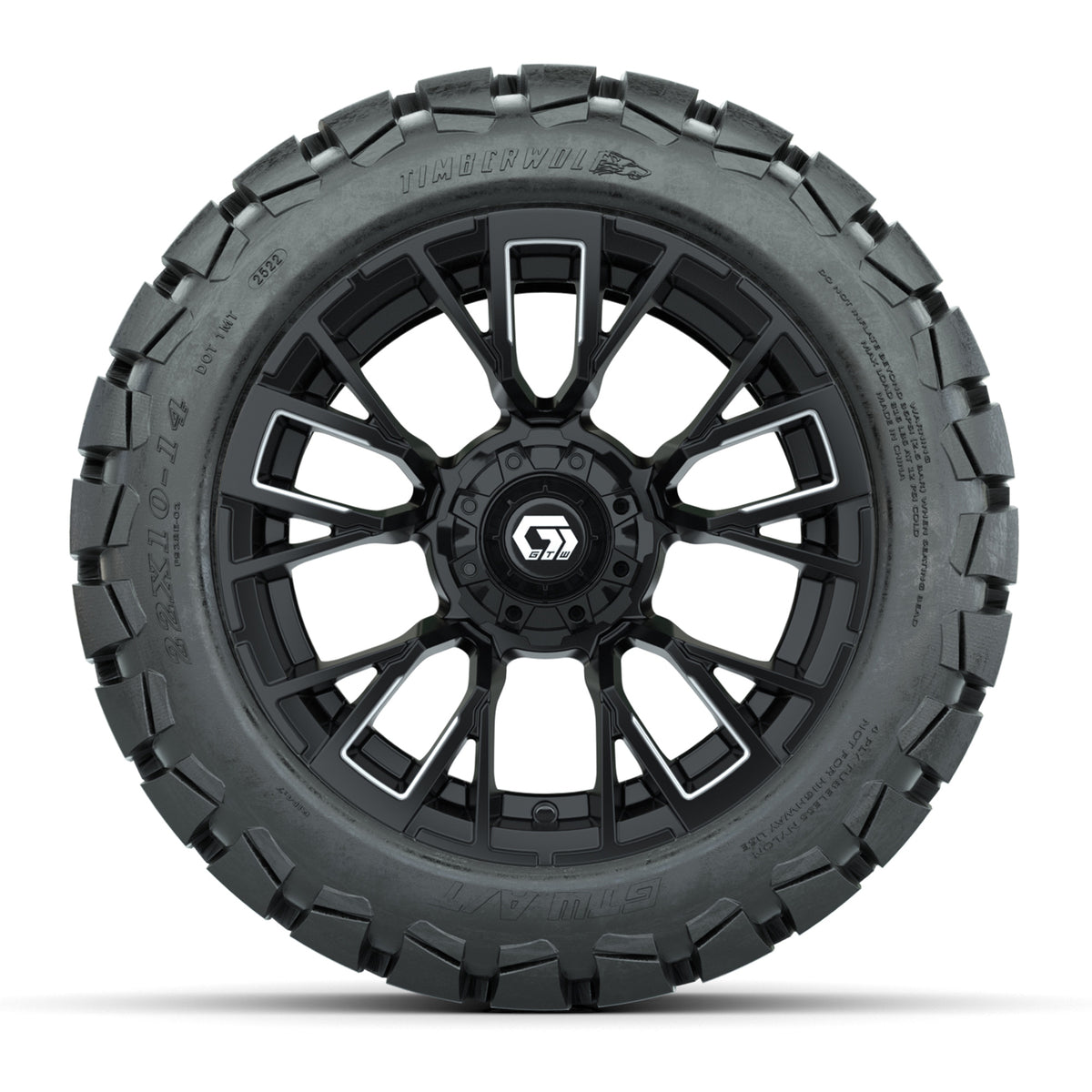 GTW® Vandal Matte Black/Machined 14 in Wheels with 22x10-14 Timberwolf All-Terrain Tires Full Set