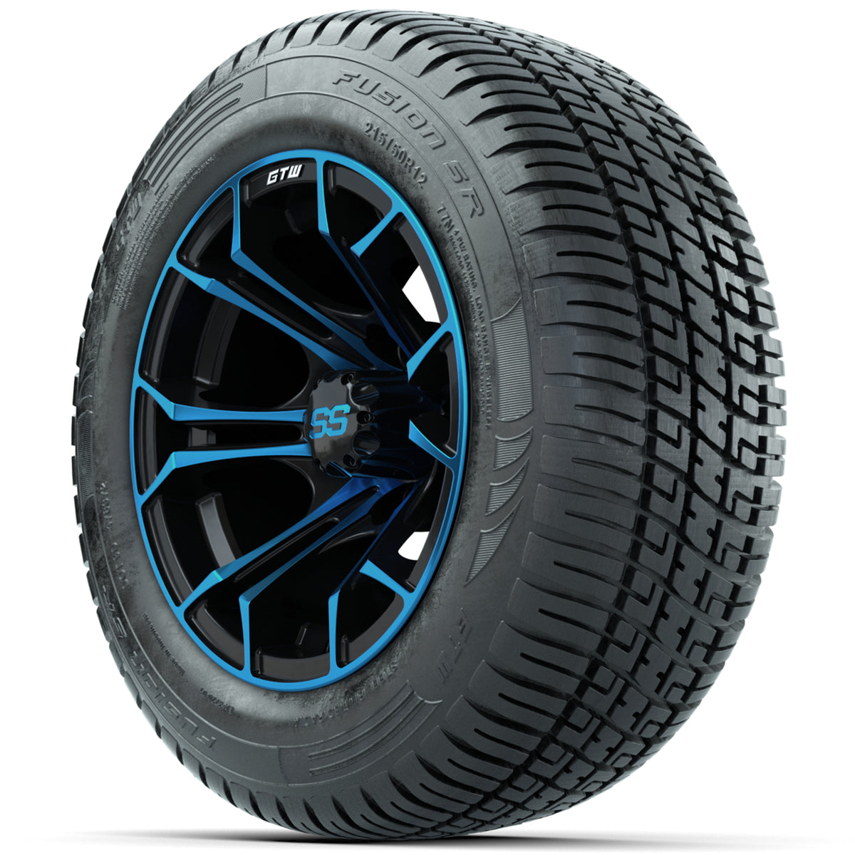 GTW Spyder Blue/Black 12" Wheels with 215/50-R12 Fusion S/R Street Tires Full Set