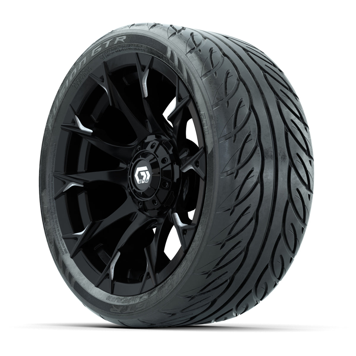 GTW® Diablo Gloss Black/Machined 14 in Wheels with 205/40-R14 Fusion GTR Steel Belted Street Tires Full Set