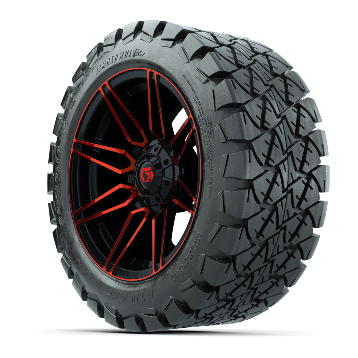 GTW® Stealth Gloss Black/Red 14 in Wheels with 22x10-14 Timberwolf All-Terrain Tires Full Set