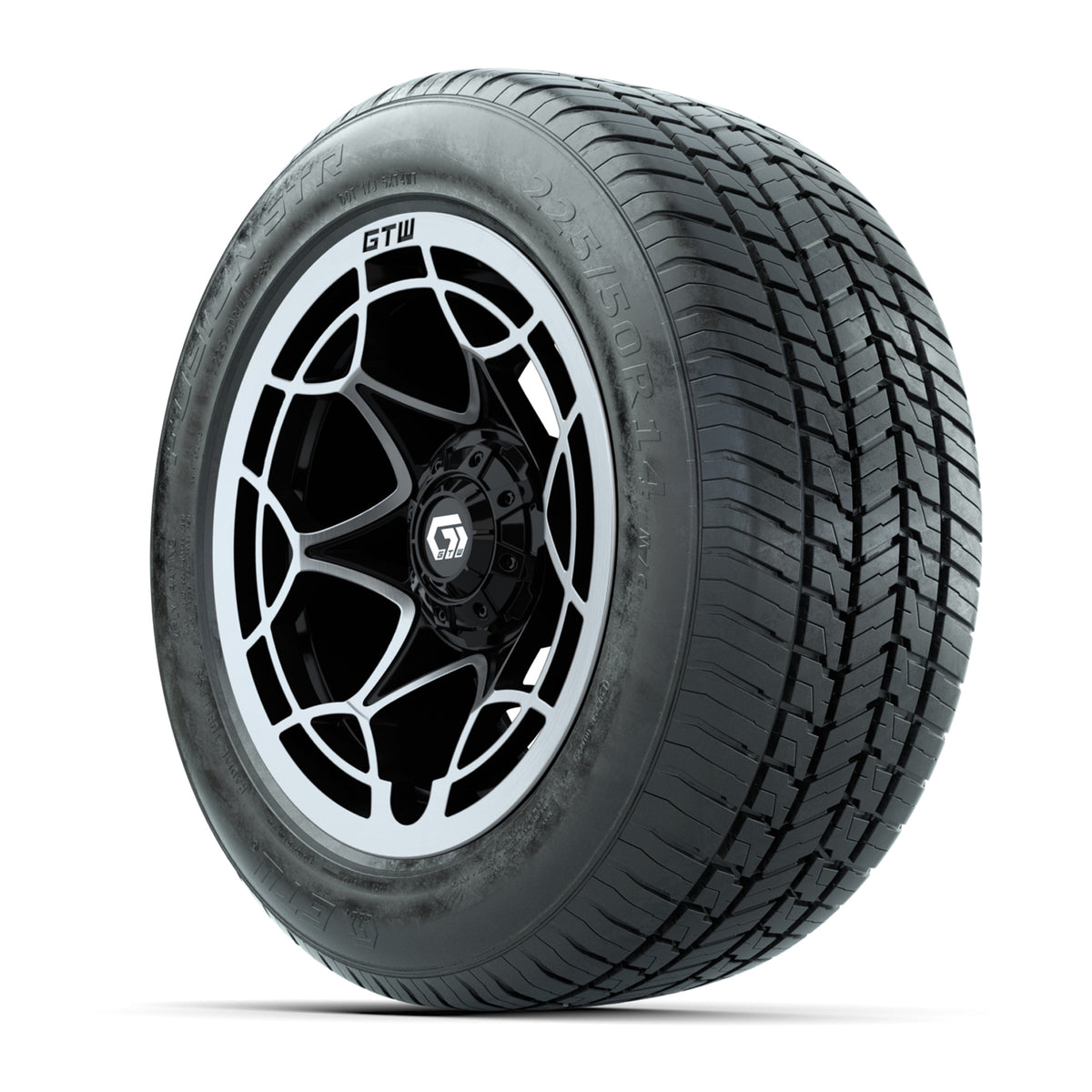 GTW® Nexus Gloss Black and Silver 14" Wheels with 255/50-R14 Fusion STR DOT Approved Street Tires - Full Set