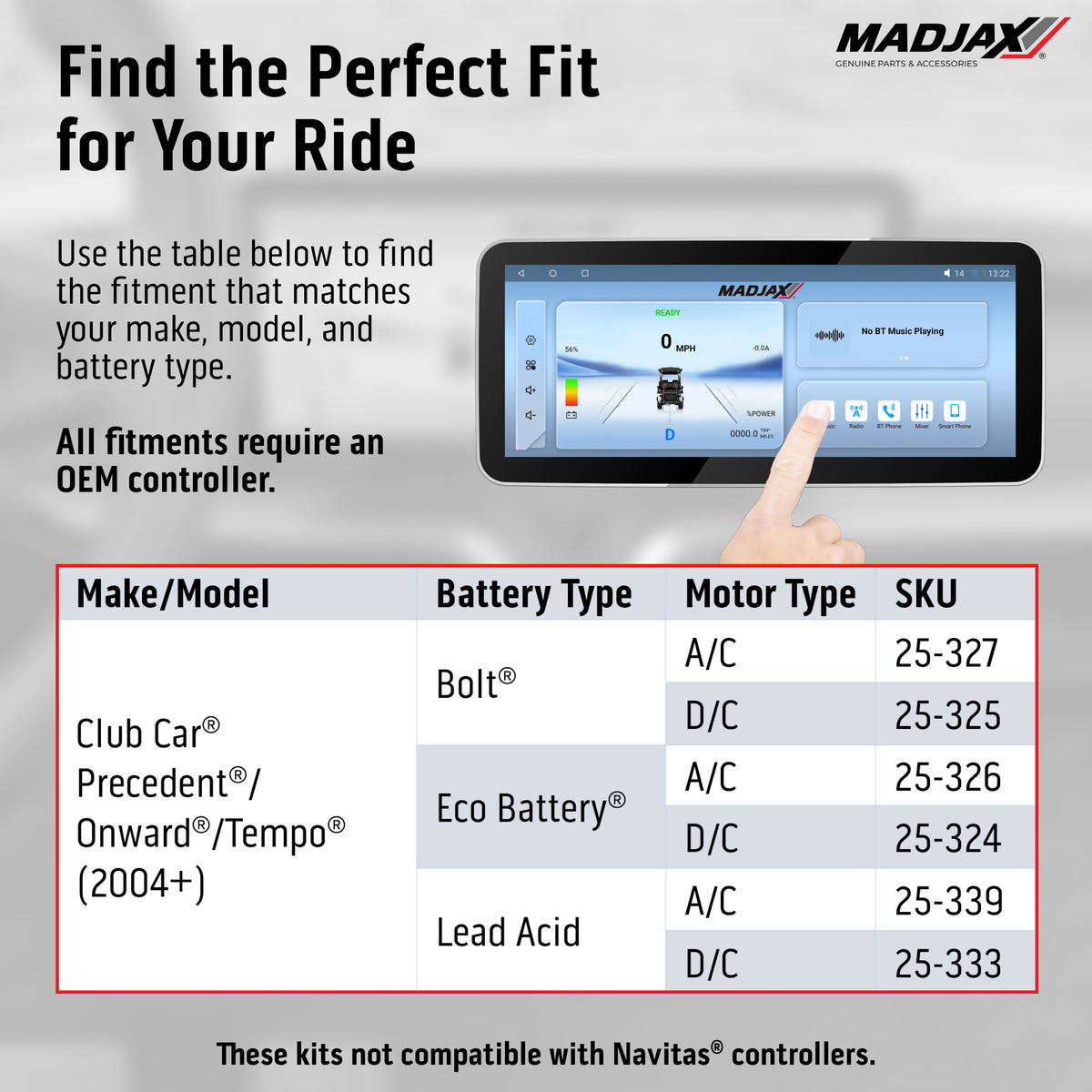 MadJax Kinect 12.3" Display Kit for Club Car Precedent, Tempo & Onward, Eco Battery A/C Motor