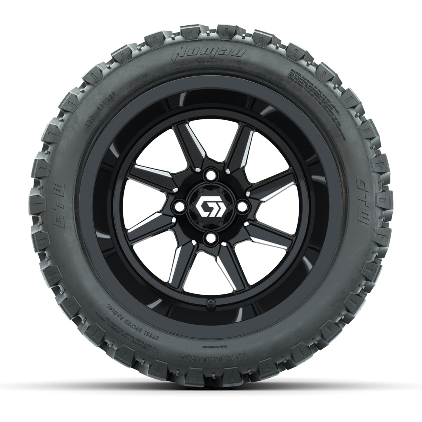 GTW Reaper Black & Machined 14" Golf Cart Wheels & 23X10-R14 Nomad Steel Belted Radial A/T Tires – Set of 4