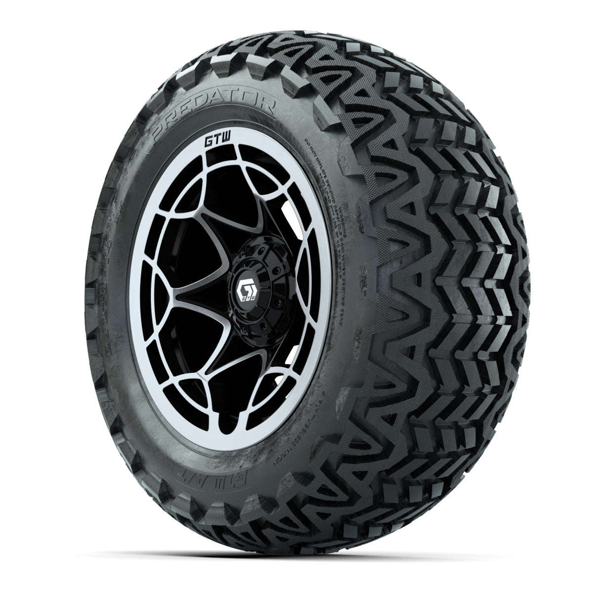 GTW® Nexus Gloss Black/Silver 14 in Wheels with 23x10-14 Predator All-Terrain Tires Full Set